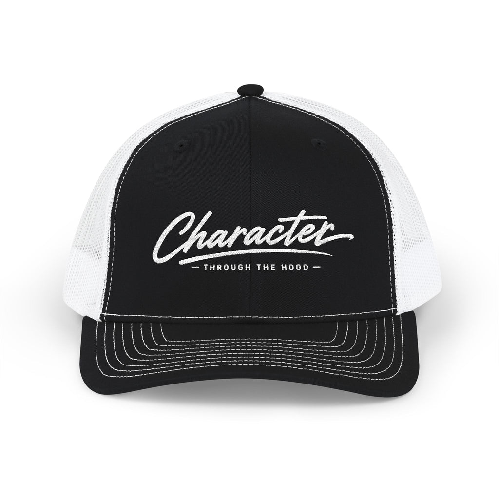Character Script Trucker Cap — 'Character Through the Woods' Embroidered Mesh Snapback