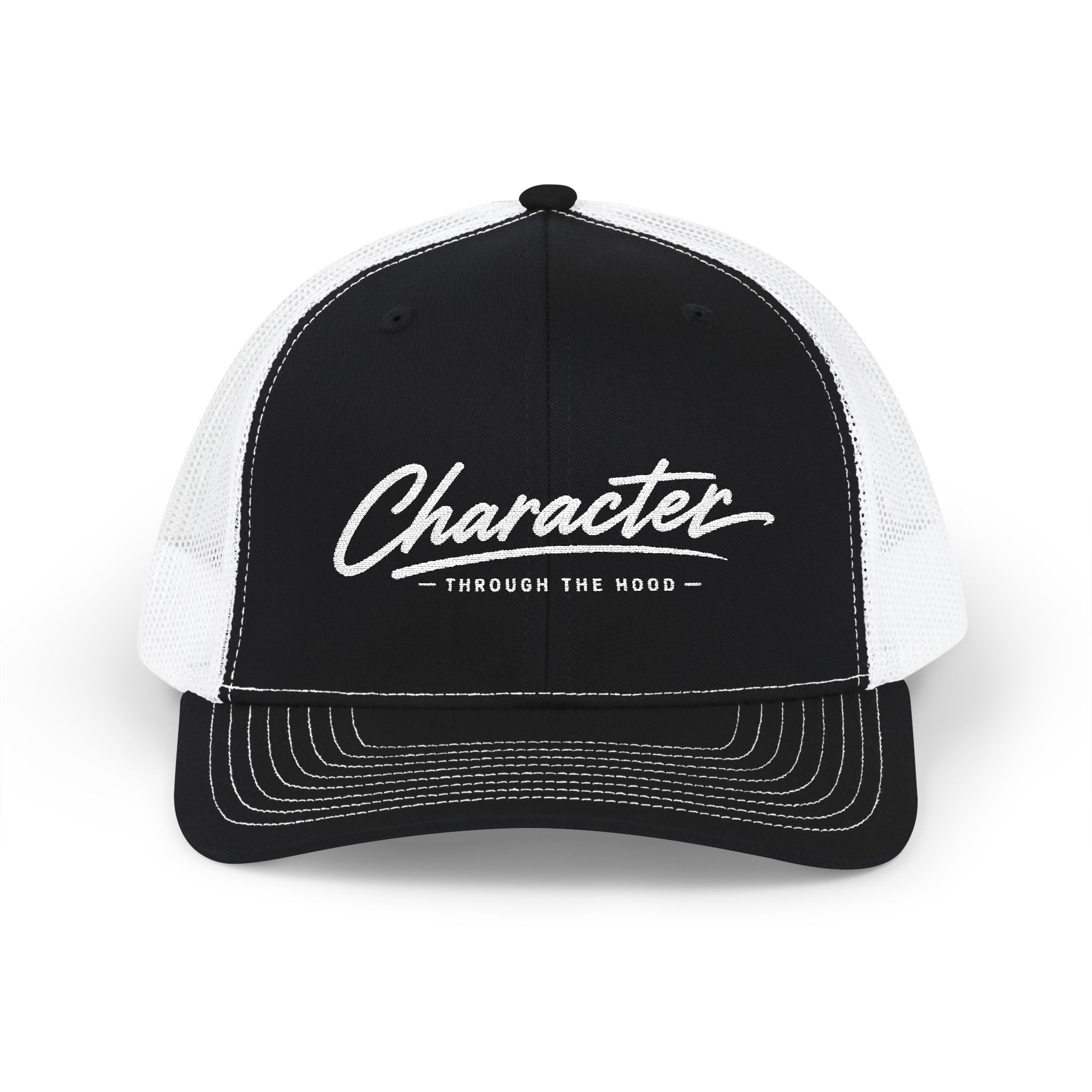 Character Script Trucker Cap — 'Character Through the Woods' Embroidered Mesh Snapback