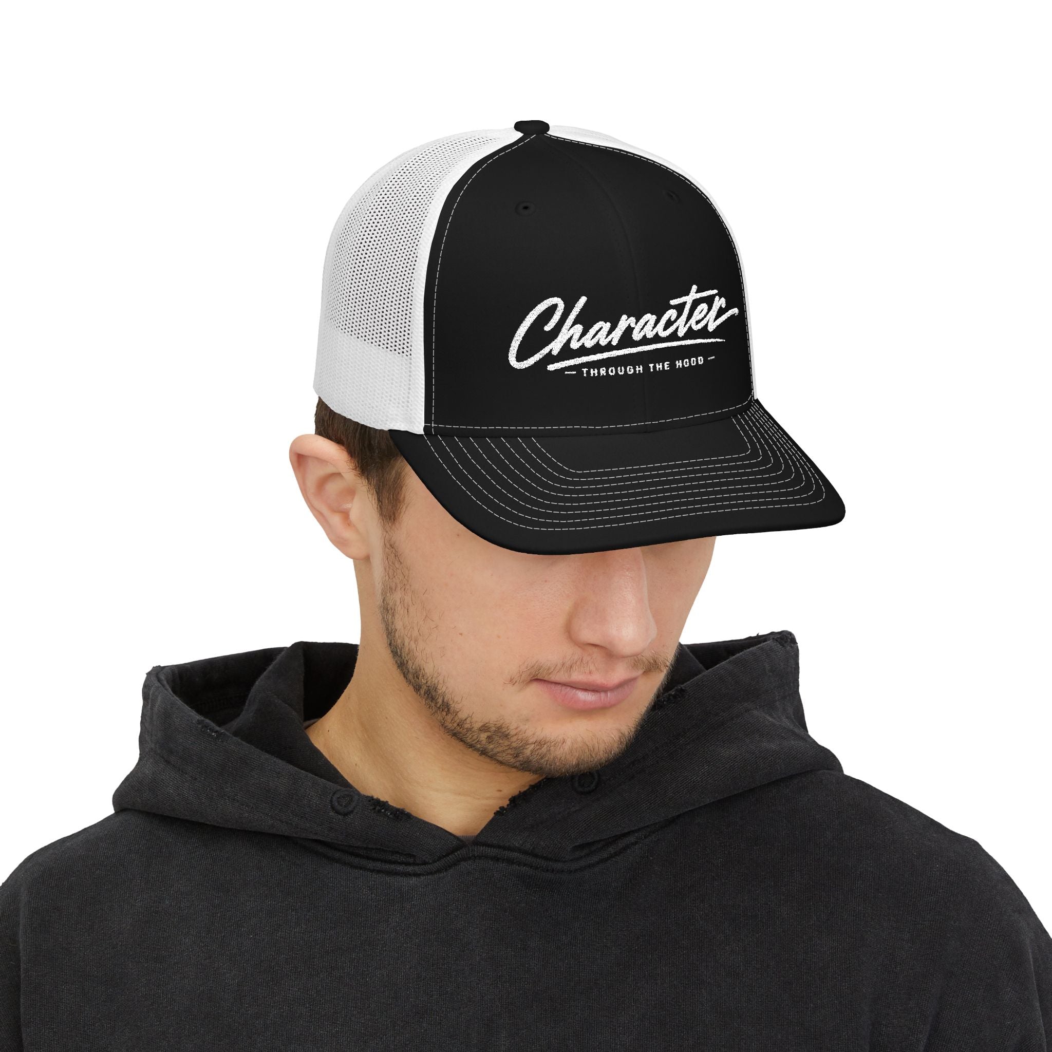 Character Script Trucker Cap — 'Character Through the Woods' Embroidered Mesh Snapback